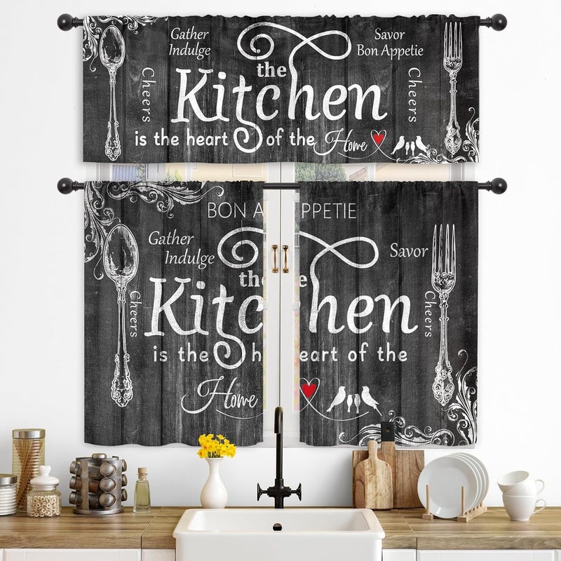Riyidecor Farmhouse Black White Kitchen Curtains and Valances 3 Piece Set Rod Pocket 36 Inch Short Rustic Country Fork and Spoon Wooden Retro Vintage Funny Quotes Bedroom Living Room Treatment Fabric - Image 1